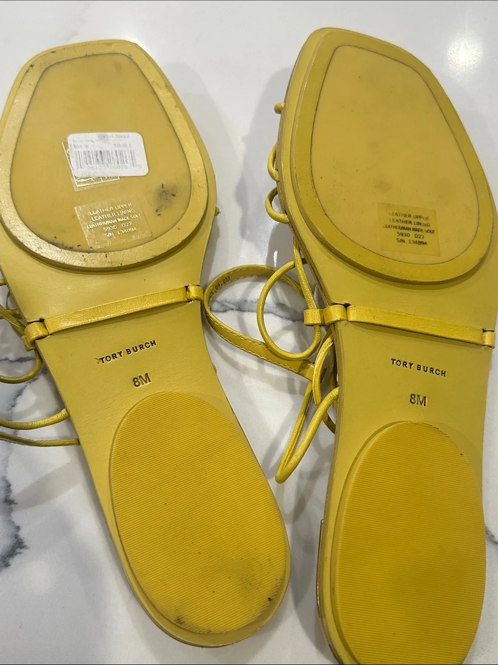 Tory Burch Lemon Yellow Leather Strappy Sandals Square Toe Flats - Size 8
